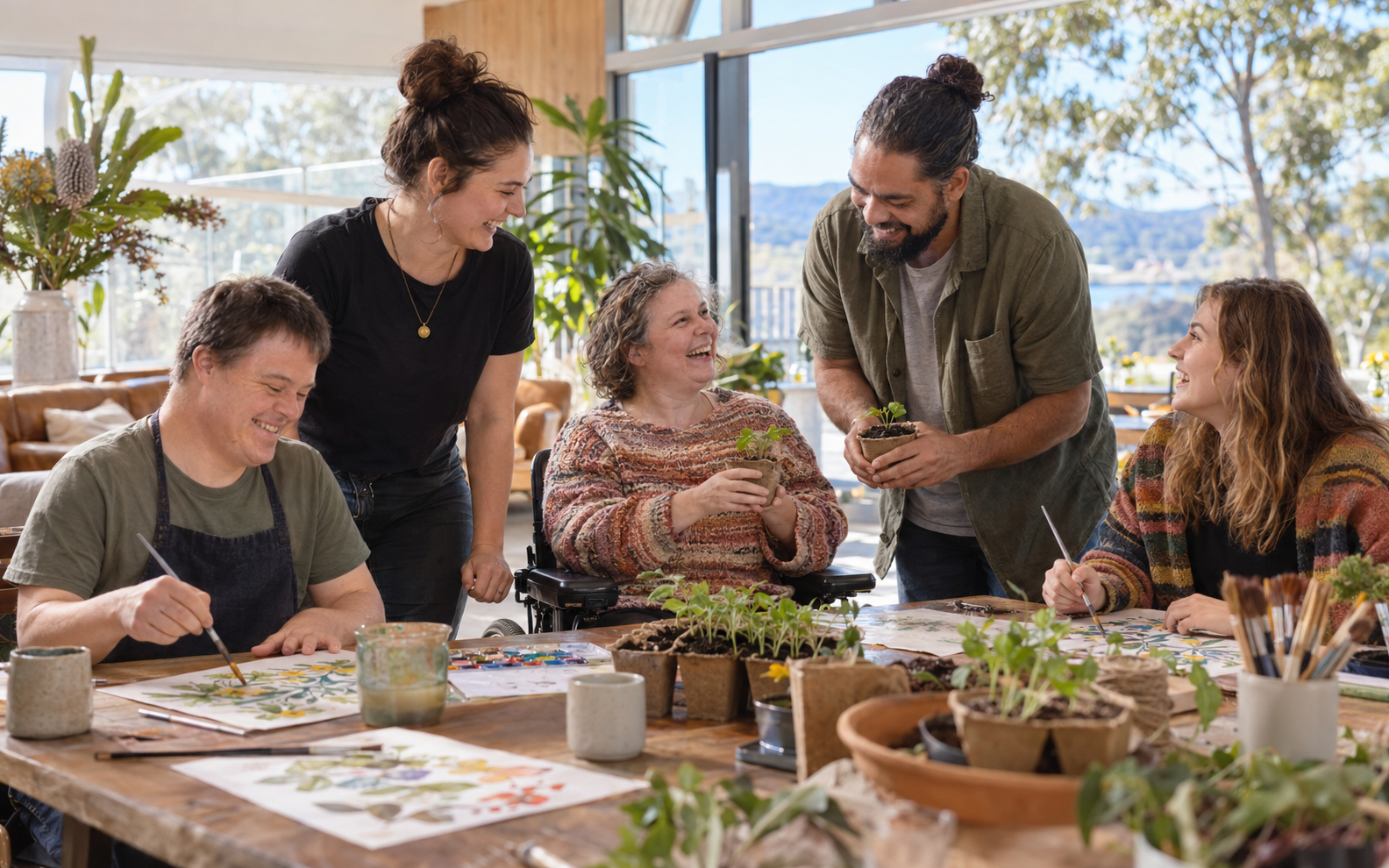 People enjoying a gardening and creative activity together